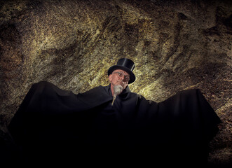 Portrait of a mysterious male magician in a black high top hat and black robe.