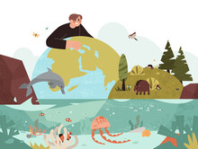 Biodiversity And Nature Protection Flat Vector Illustration. Ecologyst Man Protecting Different Habitat Types And Biological Species Of Plants, Birds, Animals And Ocean Marine Life On Planet Earth.