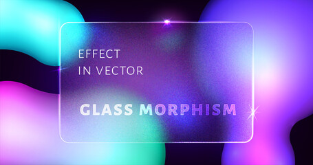 Glassmorphism vector effect with transparent card or frame on colorful fluid gradient. Glass morphism on neon blur futuristic purple background. Frosted acrylic, plexiglass mate plate rectangle shape.