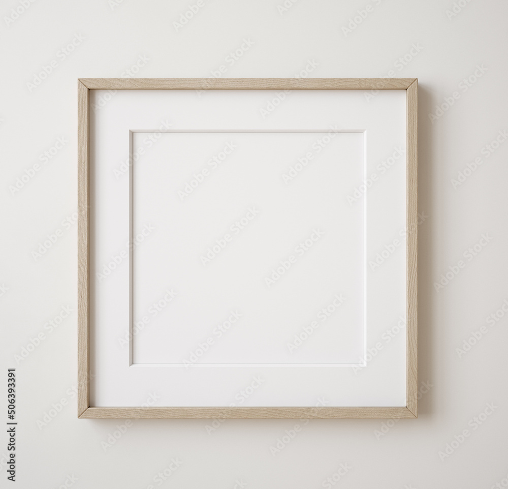Square frame mockup close up on wall painted beige color, 3d render ...