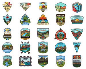 camping adventure logos set. vintage travel emblems. hand drawn badges stickers designs bundle. wand
