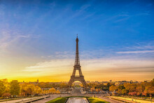 Paris France Sunrise City Skyline At Eiffel Tower And Trocadero Gardens