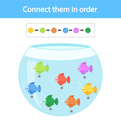 Wall Mural - Educational game for preschool children. Connect with a line according to the color pattern. Fish in the aquarium. The development of logic and attention. Vector illustration. Sheet for printing