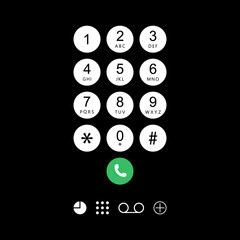 Poster - Phone keypad. Dial numbers on smartphone screen for call on black background. Cellphone with keyboard for mobile connection. Design of smart interface on display. Vector