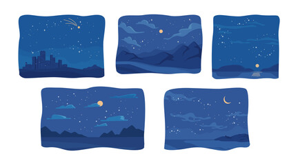 Aufkleber - Countryside and cityscape starry sky with celestial bodies, full moon and clouds. Mountains and lake, park scenery of pristine nature. Hill to observe milky way and planets. Vector in flat style