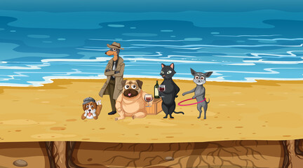 Wall Mural - Set of different domestic animals on the beach scene