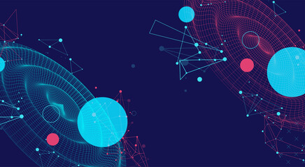 Template for science and technology presentation. Wireframe waves. Plexus style background.