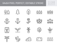 Plants Line Icons. Vector Illustration Include Icon - Green Fence, Houseplant, Forest, Seedling, Wildflower, Cactus Outline Pictogram For Garden, Tree And Bushes. 64x64 Pixel Perfect, Editable Stroke
