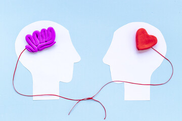 Wall Mural - Brain and heart - logic and emotion. Communication between two paper human heads