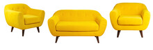Wide Yellow Upholstered Armchair With Fabric Upholstery On Wooden Legs In Retro Style, Isolated On A White Background