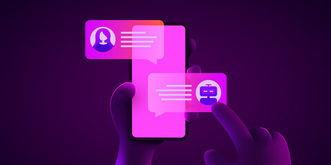 Wall Mural - Chat bot concept. Hand holds smartphone and communicates with a chat bot. Futuristic neon style.