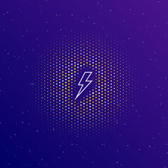 Poster - A large white contour lightning symbol in the center, surrounded by small dots. Dots of different colors in the shape of a ball. Vector illustration on dark blue gradient background with stars