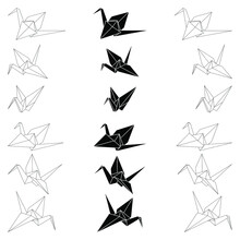 Set Of Origami Crane Vector Outline, Silhouette And Dashed Illustration Icon Isolated On White Background. Japanese Traditional Origami Crane For Infographic, Website Or App.