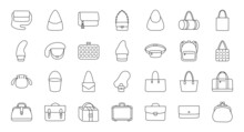 Women Bags Illustration Including Icons - Purse, Handbag, Fashion Clutch, Business Briefcase, Backpack, Leather Suitcase, Postback, Shopper. Thin Line Art About Clothes Accessory. Editable Stroke