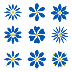 Poster - Vector illustration of a blooming blue flower, sunflower, with a yellow dot in the middle, isolated on a background, set.