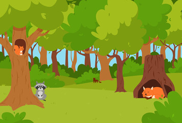 Forest landscape with wild animals sitting inside of tree hollow or nest, flat vector illustration.