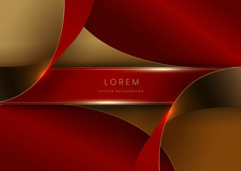 Abstract 3d curved red and gold ribbon on red background with lighting effect copy space for text. Luxury design style.