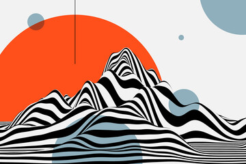 Sticker - Abstract striped 3d render illustration. Digital optical illusion design. Trendy black and white wave landscape background. Stylish mountain design in the 80s style