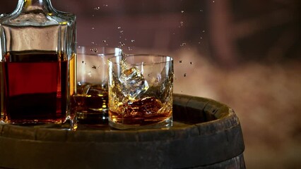 Poster - super slow motion of falling ice cube into whiskey. speed ramp effect. filmed on high speed cinema c