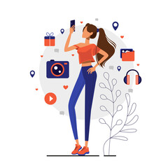 Wall Mural - Cute girl using social media with phone in her hand, camera, present, headphones and folder icons. Vector flat illustration for web, mobile apps, print, onboard