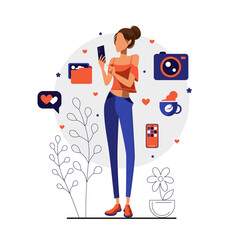 Wall Mural - Cute girl with phone in her hand, camera, coffee, screen and folder icons. Vector flat illustration for web, mobile apps, print, onboard