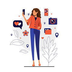 Wall Mural - Cute girl with phone in her hand, making selfie and camera, bubble, screen and folder icons around. Vector flat illustration for web, mobile apps, print, onboard
