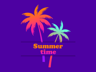 Summer time. Gradient palm trees silhouette. Two palm trees in 80s style on a purple background. Design for advertising brochures, banners and travel agencies. Vector illustration