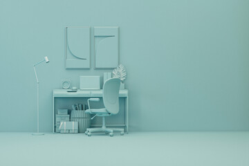 Wall Mural - Pastel blue monochrome minimal office table desk. Minimal idea concept for study desk and workspace. Mockup template, 3d rendering
