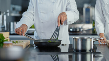 Wall Mural - Restaurant Kitchen: Asian and Black Female Chefs Preparing Dish, Cutting Vegetables, Stirring Ingredients on the Frying Pan. Two Professionals Cooking Delicious, Authentic Food, Healthy Meals Recipe