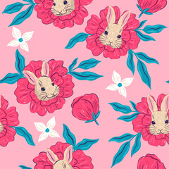 Canvas Print - Seamless pattern with rabbit faces and flowers. Vector graphics.