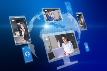 Poster - Creative globe map with computer screens and creative video conference call between attractive young european businesspeople. Digital blue wallpaper. Work, home and remote team concept.