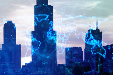 Poster - Glowing blue map and digital data concept on bright city backdrop. Info, news and planet concept. Double exposure.