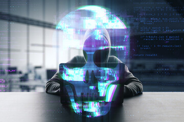 Aufkleber - Front view of hacker at desktop using laptop computer keyboard with abstract digital skull hologram on blurry office interior background. 