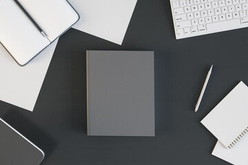 Wall Mural - Top view of empty black notebook on black desktop with supplies. Work, diary, homework and workplace concept. Mock up, 3D Rendering.