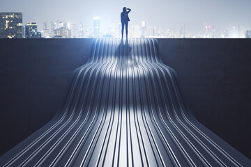 Poster - Back view of thoughtful young businesswoman standing on abstract wave staircase on city background. Career, success and growth concept.