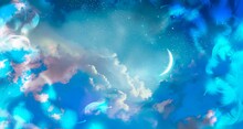 Illustration Of Mysterious Background Of Blue Night Sky With Fluffy White And Blue Angel Wings And Colorful Clouds. 