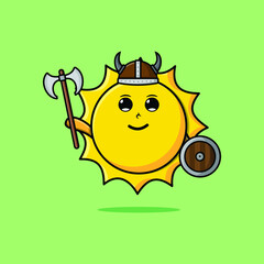 Wall Mural - Cute cartoon character Sun viking pirate with hat and holding ax and shield in modern design 