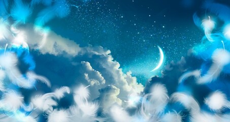 Wall Mural - Illustration of mysterious background of blue night sky with fluffy white angel wings and colorful clouds. 