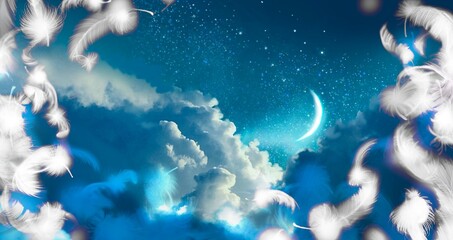 Wall Mural - Illustration of mysterious background of blue night sky with fluffy white angel wings and colorful clouds. 