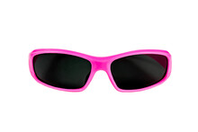 Bright Pink Plastic Sunglasses With Dark Lenses Isolated On White Background.