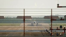 Front View Footage, Civil Aircraft Picking Up Speed Before Takeoff On An Early Sunny Morning. Tourism And Travel Concept