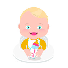 Cute Little Blue Eyes Baby Boy With A Baby Milk Bottle, Cartoon Illustration. White Background.