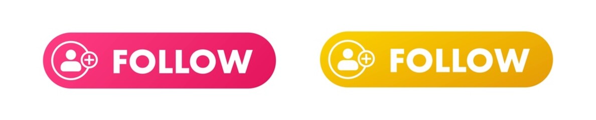 Follow button set in flat design style. Gradient follow button interface for web and apps.