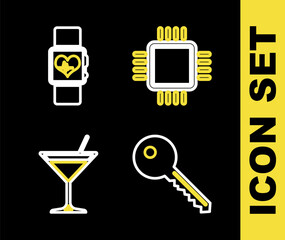 Sticker - Set line Processor with CPU, Key, Martini glass and Smart watch heart beat rate icon. Vector