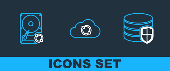 Poster - Set line Database protection, Hard disk drive HDD sync refresh and Cloud icon. Vector
