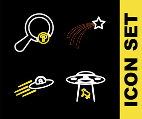 Canvas Print - Set line Falling star, UFO abducts cow, flying spaceship and alien and Unknown search icon. Vector