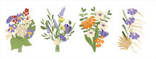 Set Of Different Beautiful Bouquets With Garden And Wildflowers Vector Flat Illustration. Collection Of Different Flowering Plants With Stems And Leaves Isolated On White