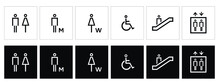 Male And Female Toilet Symbols. Disabled Icon. Gender Icon. Restroom Pictogram. Elevator And Escalator Public Signage. WC Signage