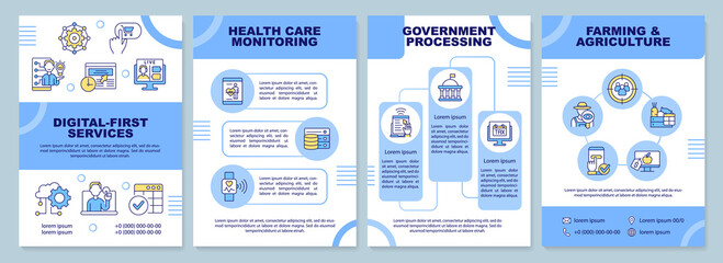 Digital first services brochure template. Electronic commerce. Leaflet design with linear icons. 4 vector layouts for presentation, annual reports. Arial-Black, Myriad Pro-Regular fonts used