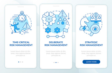 Wall Mural - Operational risk management levels blue onboarding mobile app screen. Walkthrough 3 steps graphic instructions pages with linear concepts. UI, UX, GUI template. Myriad Pro-Bold, Regular fonts used